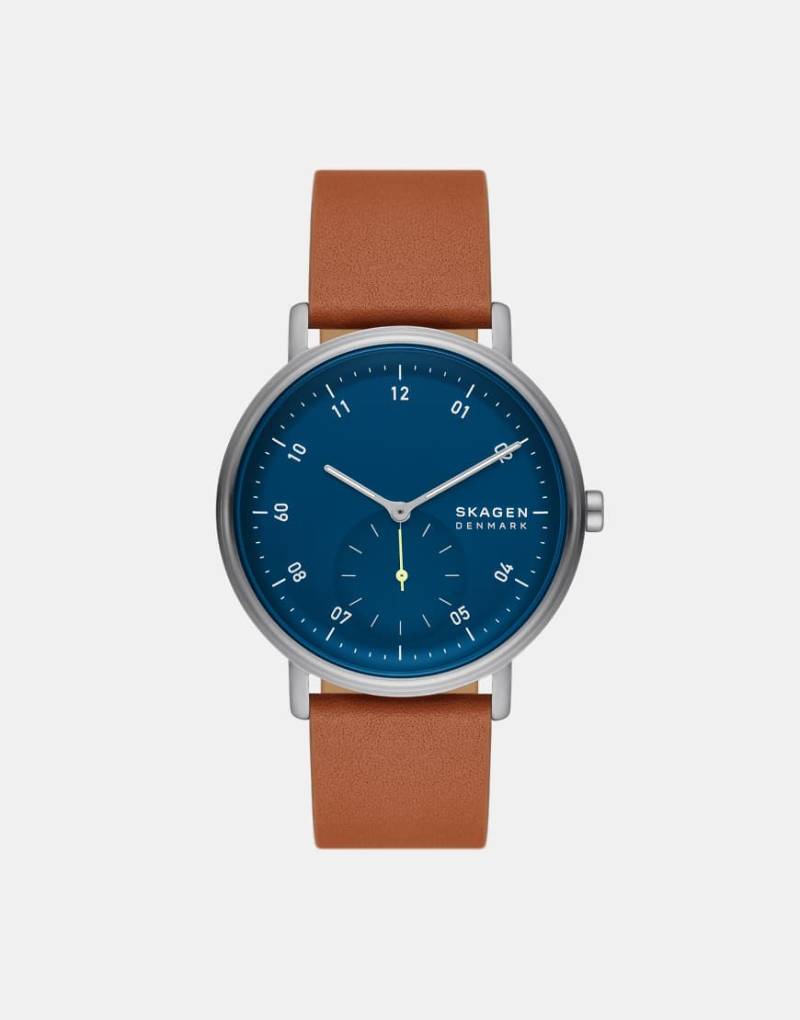 Skagen - Kuppel - Herrenuhr aus silberfarbenem Edelstahl mit braunem Armband, zwei Zeigern und Untersekunde von Skagen