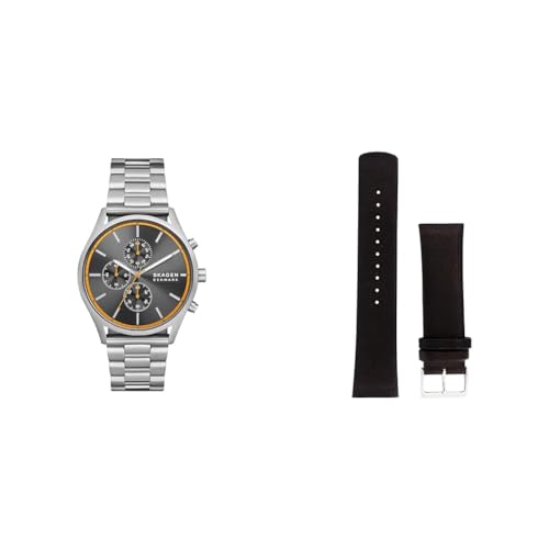 Skagen Men's Holst Chrono Silver-Tone Stainless Steel Watch and Replaceable Black Leather Strap, Set von Skagen