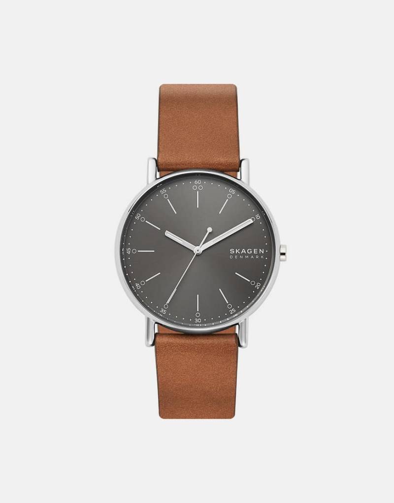 Skagen - Signatur - Herrenuhr aus Edelstahl mit drei Zeigern und braunem Armband von Skagen