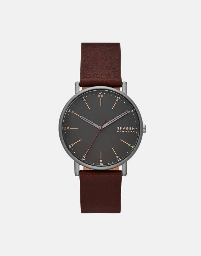 Skagen - Signatur - Herrenuhr aus grauem Edelstahl mit drei Zeigern und rotem Armband von Skagen