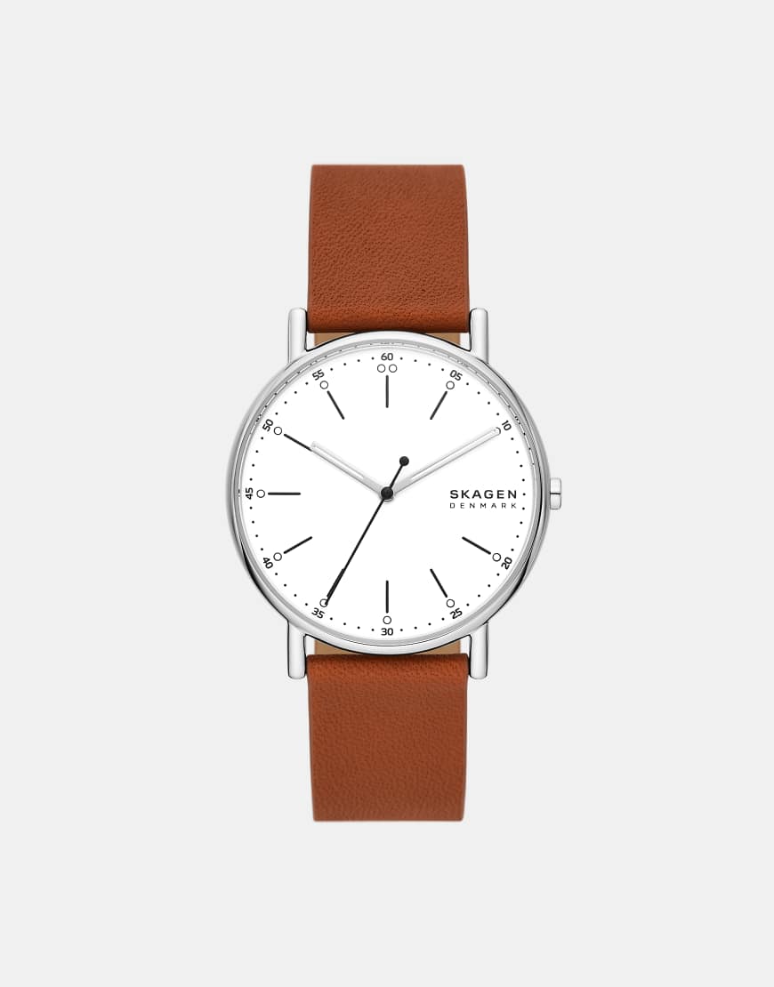 Skagen - Signatur - Herrenuhr aus silberfarbenem Edelstahl mit drei Zeigern und braunem Armband von Skagen