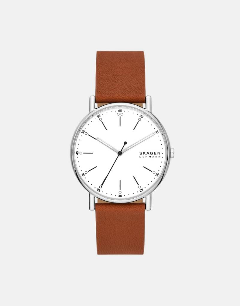 Skagen - Signatur - Herrenuhr aus silberfarbenem Edelstahl mit drei Zeigern und braunem Armband von Skagen