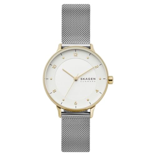 Skagen Damenuhr Riis, Dreizeiger Uhrwerk, 36mm Gold Edelstahlgehäuse mit Edelstahl Mesh Armband, SKW2912, Silber von Skagen