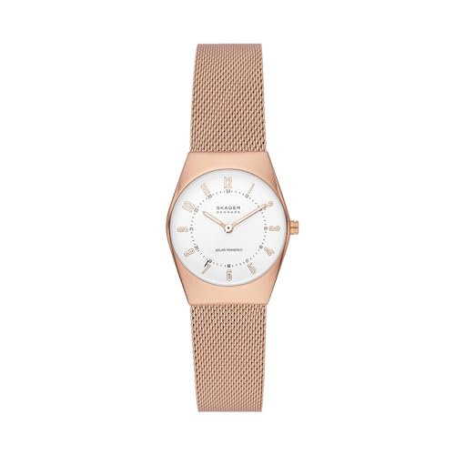 Skagen Grenen Uhr für Damen, Solarbetriebenes Uhrwerk mit Edelstahl- oder Lederarmband, Roségoldton und Weiß, 26MM von Skagen