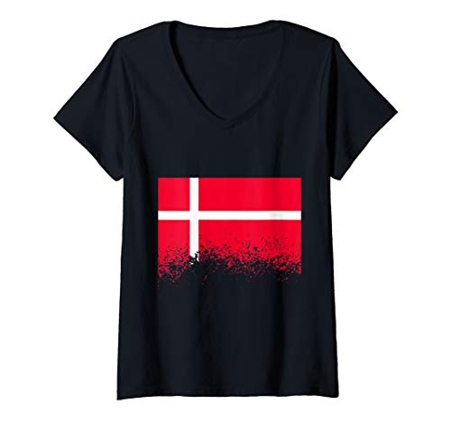 Damen Dänemark Fahne Dänische Flagge Skandinavisch Wikinger Urlaub T-Shirt mit V-Ausschnitt Damen Dänemark Fahne Dänische Flagge Skandinavisch Wikinger Urlaub T-Shirt mit V-Ausschnitt von Skandinavien Meine Heimat Dänemark Geschenke