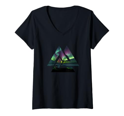 Damen Skandinavien Polarlicht Wikinger Natur Berge Valknut T-Shirt mit V-Ausschnitt von Skandinavien Polarlicht Geschenk Natur Naturschutz
