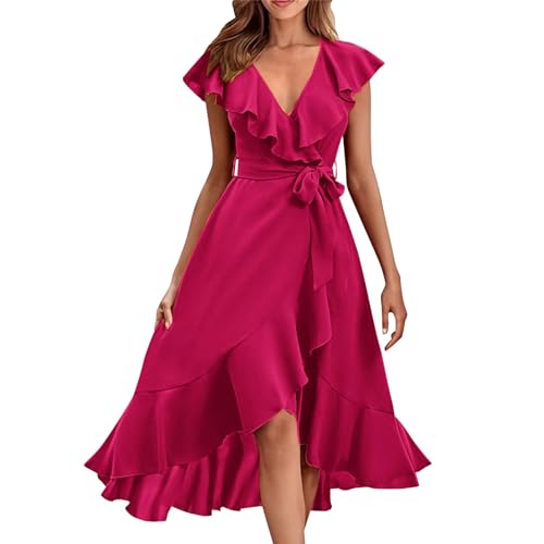 Abendkleider guenstige Ballkleider Sale online Sommerkleid Damen Elegant Damen-Kleid mit V-Ausschnitt kurzen Ärmeln Rüschen und Langer Schnürung Kleider Teenager Sommer schwarzes Kleid Damen von Skang