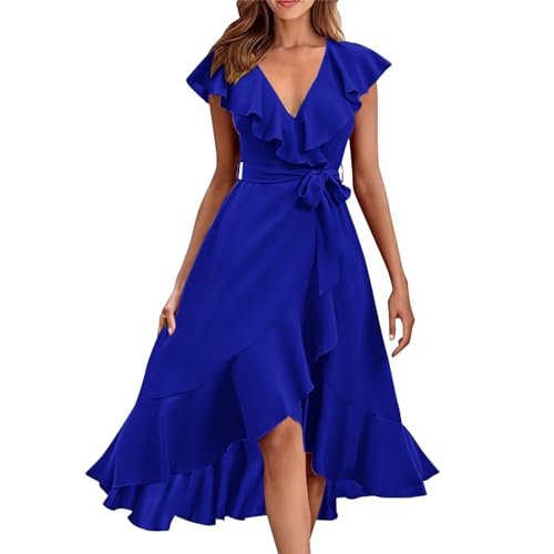 Abendkleider sofort lieferbar lang Kleider Damen Sommer Elegant Damen-Kleid mit V-Ausschnitt kurzen Ärmeln Rüschen und Langer Schnürung Blusenkleid Blau Sommerkleider Knielang von Skang