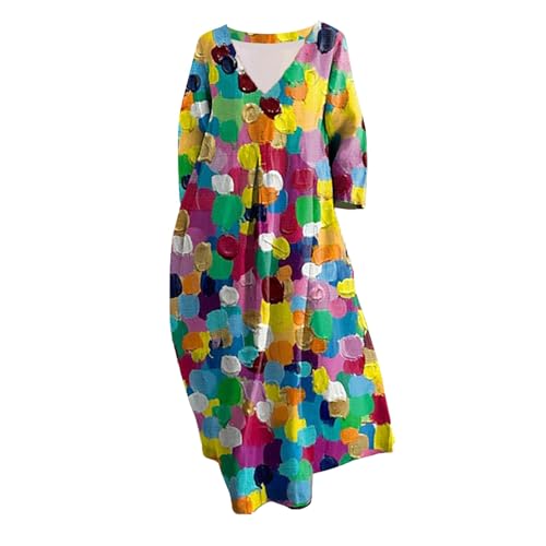Angebot des Tages blitzangebot Kleid Damen Langarm Sommer Kleider Lang Freizeit Lose Sommerkleid Boho Maxikleid Elegant Drucken Rundhals Strandkleid mit Taschen maxikleid Damen elegant grün von Skang