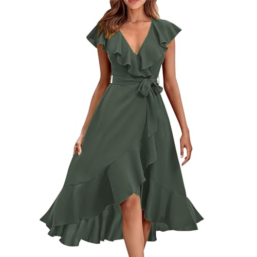 Bekleidung Damen Sale Kleider Kleider Damen Sommer Elegant Damen-Kleid mit V-Ausschnitt kurzen Ärmeln Rüschen und Langer Schnürung Blusenkleid Blau maxikleid Hochzeitsgast von Skang