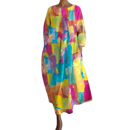Black Friday Angebote Kleid Damen Langarm Sommer Kleider Lang Freizeit Lose Sommerkleid Boho Maxikleid Elegant Drucken Rundhals Strandkleid mit Taschen langes Sommerkleid Damen schwarz von Skang