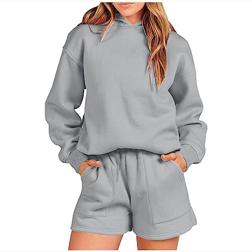 Damen Jogginganzug Sportanzug Traingsanzug Herbst Winter Pullover Shorts Anzug 2 Stück Set Hoodie Kapuzenpullover Langarm Oberteil Top Hosen Sportswear Hosenanzug Outfit von Skang