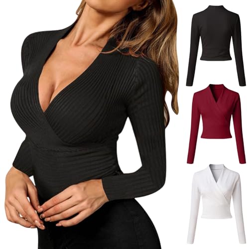 Damen Langärmeliges Shirt Einfarbiges Hemd V Ausschnitt Slim Fit Oberteile Pullover Rippen Elegant Leichtes Shaper Oberteil Mode Stretchy Rippshirt Frauen Tshirt Sweatshirt Tunika Blusen von Skang