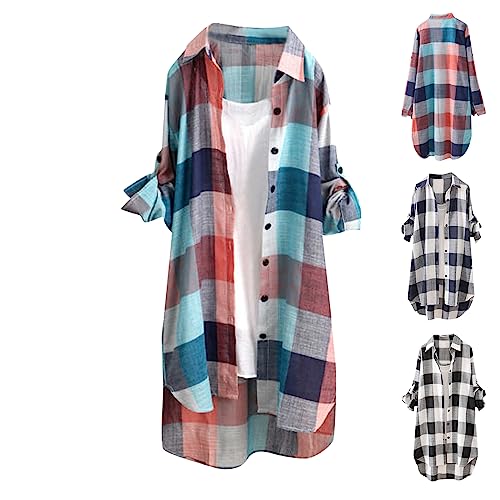 Damen Leinen Bluse Sommer Langarm Knopfleiste Oberteile Blusehemd Casual Locker Shirts Elegante Langarmshirt Tunika Longshirt Tops Lose Tshirt Leinenoberteile Leinenbluse von Skang