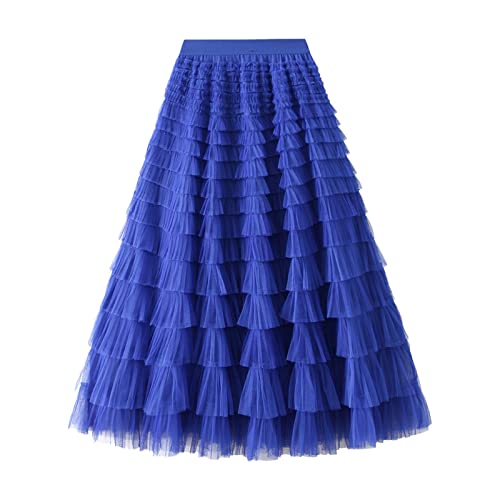 Damen Maxirock Sommer A-Linie Faltenrock für Damen, Langer Tutu-Rock, Rüschen, Mesh, Vintage, Wadenlänge, Chiffon, hohe Taille, Blasenrock Damenröcke (Blue, L) von Skang