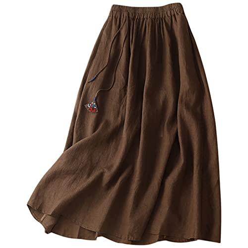 Damen Maxirock Sommer Lockerer, lässiger Damen-Baumwollrock, A-Linie, mittellang, halber Rock, Langer Leinenrock Minirock Winter Strick (Coffee, L) von Skang