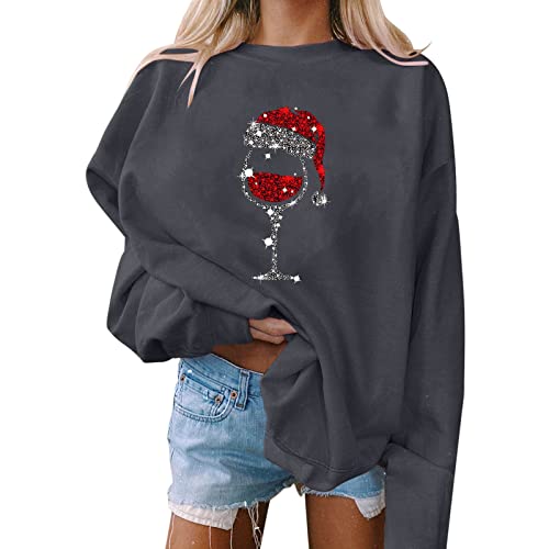 Damen Pullover, Weihnachten, Druck, O-Ausschnitt, lässiges, lockeres Sweatshirt, Rundhalsausschnitt, passende Pullover, Tops, Langarm, Workout-Shirts Schnorchel Shirt (Dark Gray, XL) von Skang