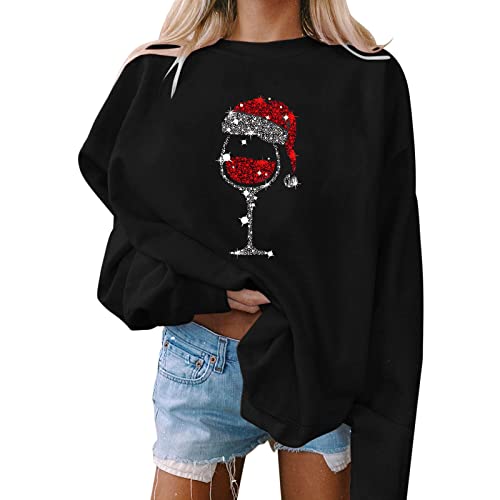 Damen Pullover, Weihnachten, Druck, O-Ausschnitt, lässiges, lockeres Sweatshirt, Rundhalsausschnitt, passende Pullover, Tops, Langarm, Workout-Shirts Schnorchel Shirt Damen (Black, L) von Skang