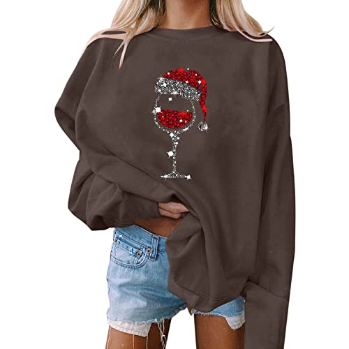 Damen Pullover, Weihnachten, Druck, O-Ausschnitt, lässiges, lockeres Sweatshirt, Rundhalsausschnitt, passende Pullover, Tops, Langarm, Workout-Shirts Schnorchel Shirt Damen (Coffee, L) von Skang