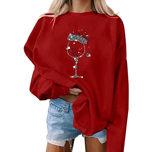 Damen Pullover, Weihnachten, Druck, O-Ausschnitt, lässiges, lockeres Sweatshirt, Rundhalsausschnitt, passende Pullover, Tops, Langarm, Workout-Shirts Schnorchel Shirt Damen (Red, XL) von Skang