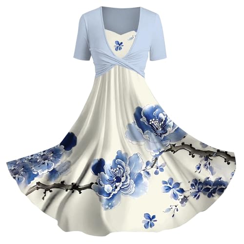 Damen Sale Sommerkleid Damen Elegant Lässiges Slip-Urlaubskleid für Damen im Frühjahr/Sommer mit Blumen-Kunstdruck Damenkleider Elegant Festlich Hochzeit hemdkleid Damen lang von Skang