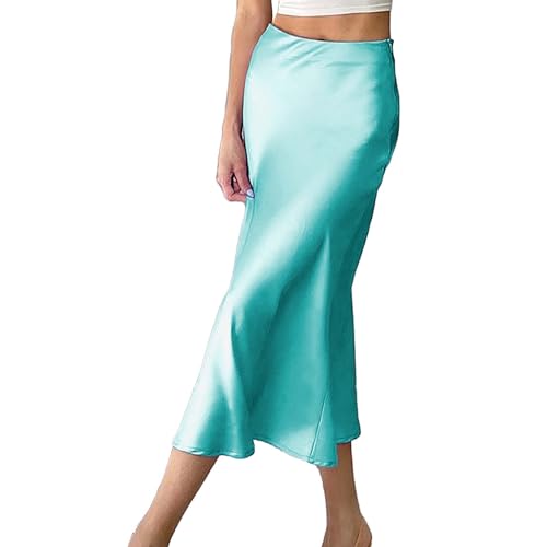 Damen Satin Rock Lang Hohe Taille Skirt Elegant Midirock Business Bleistiftrock Maxirock Sommer Rock Langer Sommerock Lang Boho Strandrock von Skang
