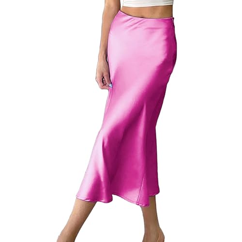 Damen Satin Rock Lang Hohe Taille Skirt Elegant Midirock Business Bleistiftrock Maxirock Sommer Rock Langer Sommerock Lang Boho Strandrock von Skang