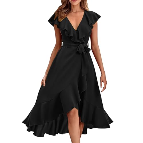 Damen Sommerkleider Sale Kleider Damen Sommer Elegant Damen-Kleid mit V-Ausschnitt kurzen Ärmeln Rüschen und Langer Schnürung Blusenkleid Blau Strandkleid Damen lang von Skang