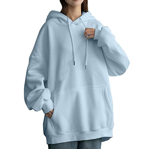 Damen Sweatshirt Womens Daily Long Casual Down for Womens Pocket Hooded Sweatshirts Pullover Sleeve Button V Drawstring Hoodies Neck Women's Hoodies Sweatshirts Damen Mantel Herbst Winter (Blue, XXL) von Skang