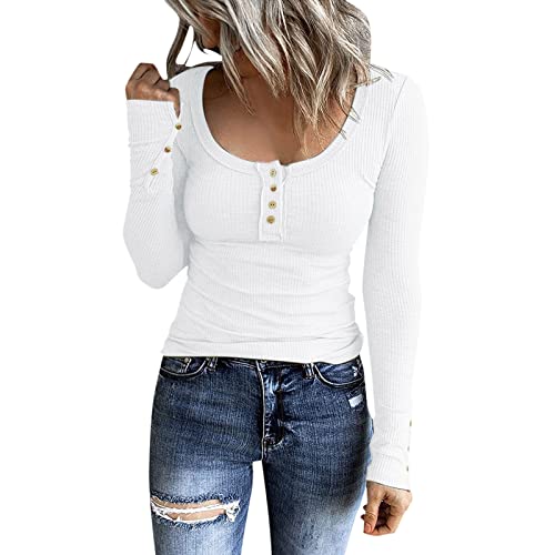 Damenpullover Oberteile Frühling Damen Langarm-Henley-T-Shirts Button-Down-Slim-Fit-Oberteile Rundhalsausschnitt Rippstrickhemden Karo Bluse (White, S) von Skang