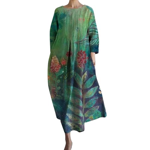 Deal des Tages Kleid Damen Langarm Sommer Kleider Lang Freizeit Lose Sommerkleid Boho Maxikleid Elegant Drucken Rundhals Strandkleid mit Taschen Langarm Kleid Damen Abendkleid mintgrün von Skang