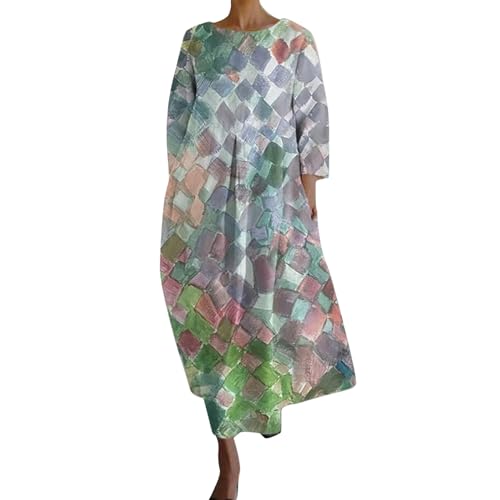 Festival Must Haves Frauen Kleid Damen Langarm Sommer Kleider Lang Freizeit Lose Sommerkleid Boho Maxikleid Elegant Drucken Rundhals Strandkleid mit Taschen grünes Sommerkleid Damen lang von Skang