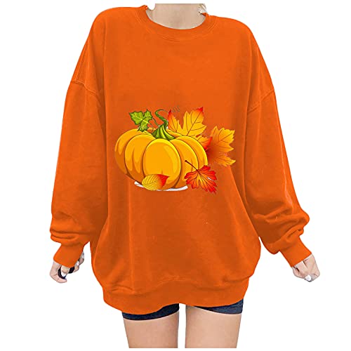 Hoodie Damen Frauen Thanksgiving Day Loose Fit Tops Lässiges weiches warmes Sweatshirt Langarm bedrucktes Sweatshirt O-Neck Pullover Top Pullover Personalisieren (Orange, XXL) von Skang