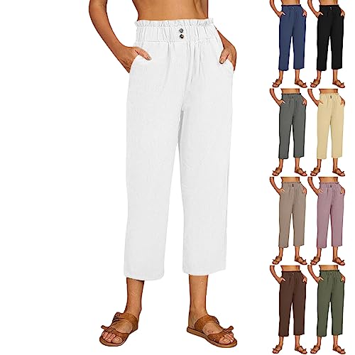 Hose Damen Sommer Freizeithose Caprihose Leichte Damen Casual Sommerhose Stoffhose Elastische Taille Loose Fit High Waist Strandhose Freizeit Hose Leinen Hosen Mit Taschen von Skang