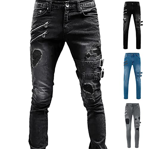 Jeans Herren Stretch Slim Fit Destroyed Hose Jeanshose Skinny Ripped Hip Hop Hose für Männer Zerrissene Distressed Denim Pants Casual Reißverschluss Jeans Freizeithose von Skang