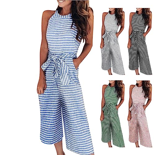 Jumpsuit Damen Elegant Sommer Lang Hosenanzug Casual Strand Overall Frauen Gestreiften Ärmellos Playsuit Breites Bein Romper Lose O-Ausschnitt Festlich Jumpsuit mit Gürtel von Skang