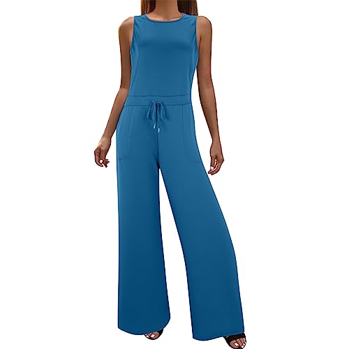 Jumpsuit Damen Elegant Sommer Loose Fit Baggy Playsuits mit Tasche Hosenanzug Crewneck Ärmellos Overalls Hohe Taille mit Kordelzug Casual Bib Pants Oversize Lose Lang Hose von Skang