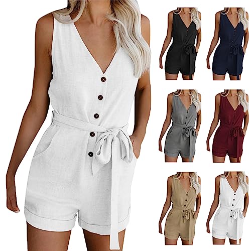 Jumpsuit Damen Sommer Kurz Elegant V-Ausschnitt Playsuit Casual Ärmellos Romper mit Taschen und Gürtel Lose Playsuit Romper Hosenanzug Playsuits für Geschäftliche Arbeit von Skang