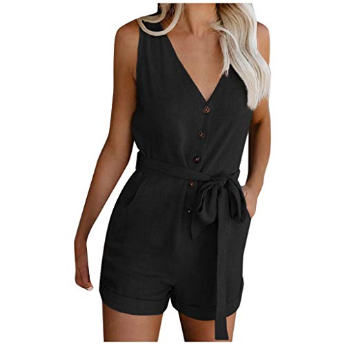 Jumpsuit Damen Sommer Kurz Elegant V-Ausschnitt Playsuit Casual Ärmellos Romper mit Taschen und Gürtel Lose Playsuit Romper Hosenanzug Playsuits für Geschäftliche Arbeit von Skang