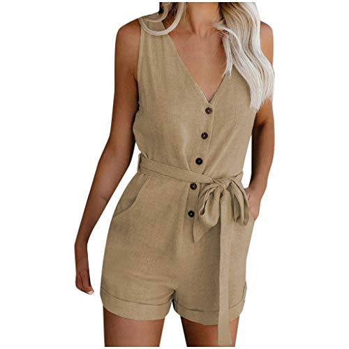 Jumpsuit Damen Sommer Kurz Elegant V-Ausschnitt Playsuit Casual Ärmellos Romper mit Taschen und Gürtel Lose Playsuit Romper Hosenanzug Playsuits für Geschäftliche Arbeit von Skang