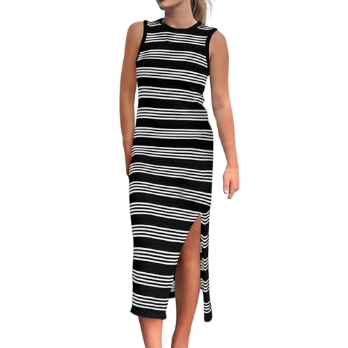 Kleid Damen Frühling Sommer Damen-Sommerkleid figurbetont lässig Midi ärmellos ausgehöhlt gestrickt seitlich geschlitzt gestreift langes Tank-Kleid Kleid Damen Elegant Langarm von Skang