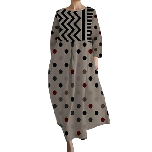 Kleid Damen Langarm Sommer Kleider Lang Freizeit Lose Sommerkleid Boho Maxikleid Elegant Drucken Rundhals Strandkleid mit Taschen Kleid schwarz Damen elegant sexy Langarm von Skang