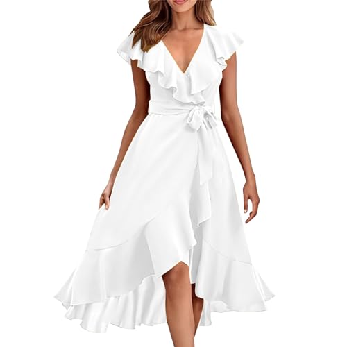 Kleider Damen Sommer lang Sale Kleider Damen Sommer Elegant Damen-Kleid mit V-Ausschnitt kurzen Ärmeln Rüschen und Langer Schnürung Blusenkleid Blau Sommerkleid Damen Knielang von Skang