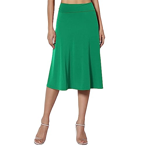 Knielanger Rock Damen Sommer Einfacher Komfort-Basic-Stretch-Rock in A-Linie mit ausgestelltem Knie für Damen Wollrock Kurz (Green, L) von Skang