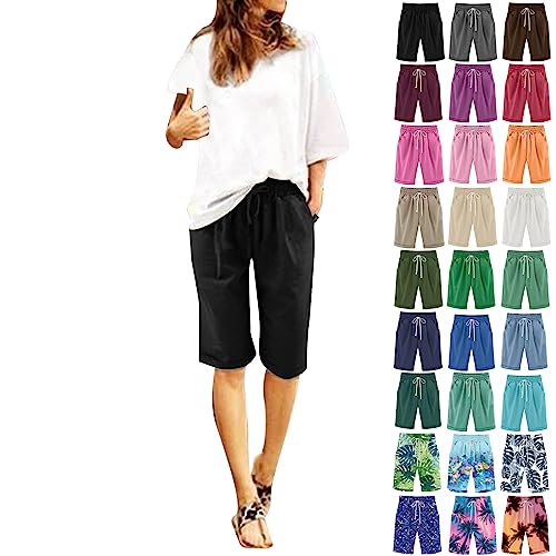 Kurze Hosen Damen Sommer Bermuda Shorts Elastische Tunnelzug Baumwolle Leinen Shorts Hotpants Kurze Sommerhose Knielang Schlafshorts Freizeithose Strandhose mit Taschen von Skang