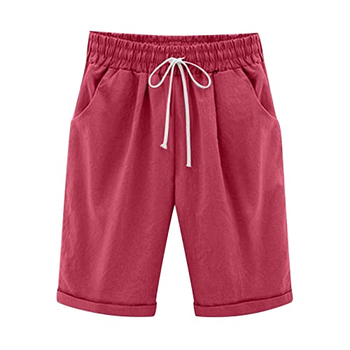 Kurze Hosen Damen Sommer Bermuda Shorts Elastische Tunnelzug Baumwolle Leinen Shorts Hotpants Kurze Sommerhose Knielang Schlafshorts Freizeithose Strandhose mit Taschen von Skang