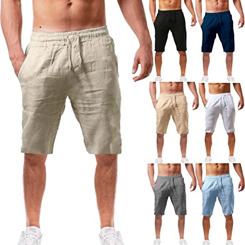 Kurze Hosen Herren Leinen Shorts mit Taschen Sommer Leinen Baumwolle Elastische Taille Shorts Komfortabler Stretch Bermuda Hose Sommershorts Kurze Freizeithose Strandshorts von Skang