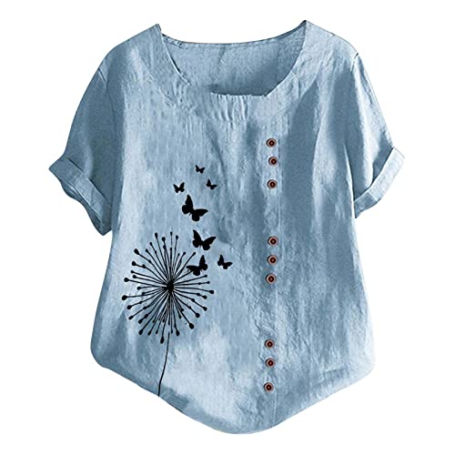 Leinen Bluse Damen Sommer Kurzarm Vintage Oversize Oberteile Leinenbluse Grosse Grössen Leinenoberteile Übergröße Tshirt Tunika Elegante Casual Blumen Print Mode Lose T Shirt Pullover Tops Hemdbluse von Skang