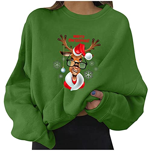 Oversize Hoodie Damen Damen Weihnachtsmode O-Neck Print Langarm Blusen Shirts Easy Tops Dicke Strickjacke Damen (Green, L) von Skang
