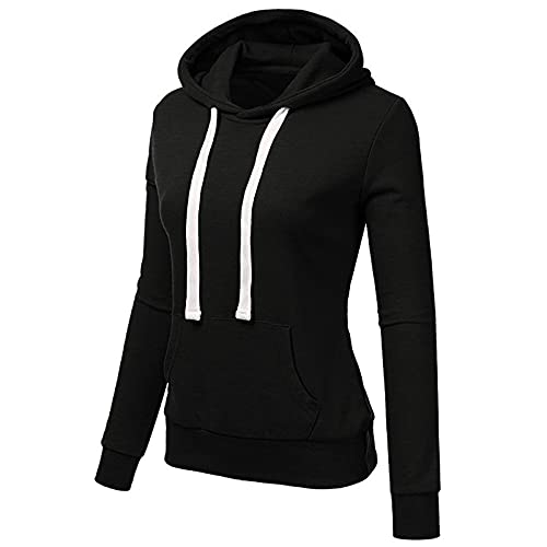 Pullover Damen Winter Pullover Kapuzenhemd solides Frauen Sweatshirt Lange Damenoberseite Ärmeltasche für Frauen Hoodie Damen Gestreift (Black, L) von Skang